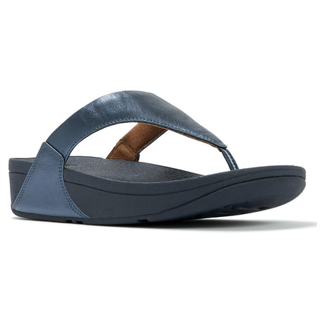 Women's cosmic blue leather thong sandal with a wide strap, navy cushioned footbed, and a wedge sole. Style #I88-D57