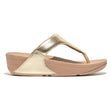 Women’s metallic gold leather thong sandal with a cushioned tan wedge sole and a comfortable toe post. Style #I88-675