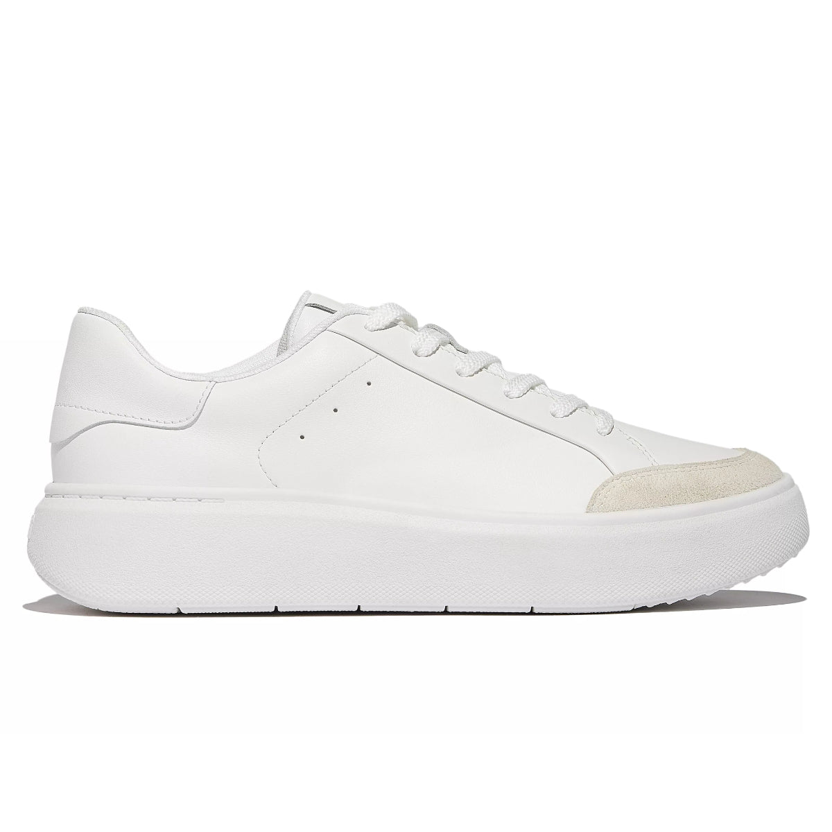 Women’s white leather court sneaker with a cream suede toe cap, white laces, and a thick white flatform sole. Style #E4R-194.