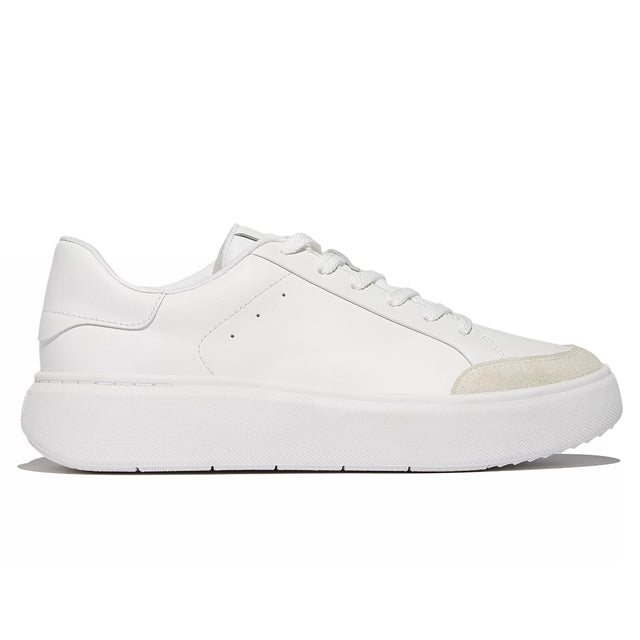 Women’s white leather court sneaker with a cream suede toe cap, white laces, and a thick white flatform sole. Style #E4R-194.