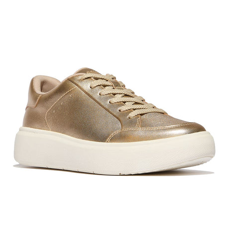 Women’s metallic leather court sneaker with padded collar, flexible cushioned sole, breathable perforations, and slip-resistant outsole for lightweight support. Style #E5T-675