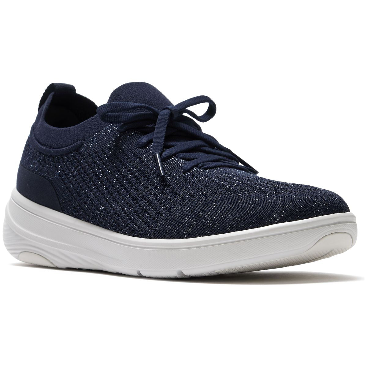 Women's navy blue knit lace-up sneaker with subtle glitter, a heel tab, and a thick white slip-resistant sole. Style #JH9-B84