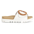 Women's white leather slide sandal with a large beaded buckle, tan contoured footbed, and a white platform sole. Style #745.21