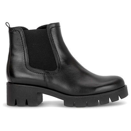 Gabor black leather Chelsea boot featuring elastic side gore, pull loop, side zip, and chunky lug sole. Style #8018.01
