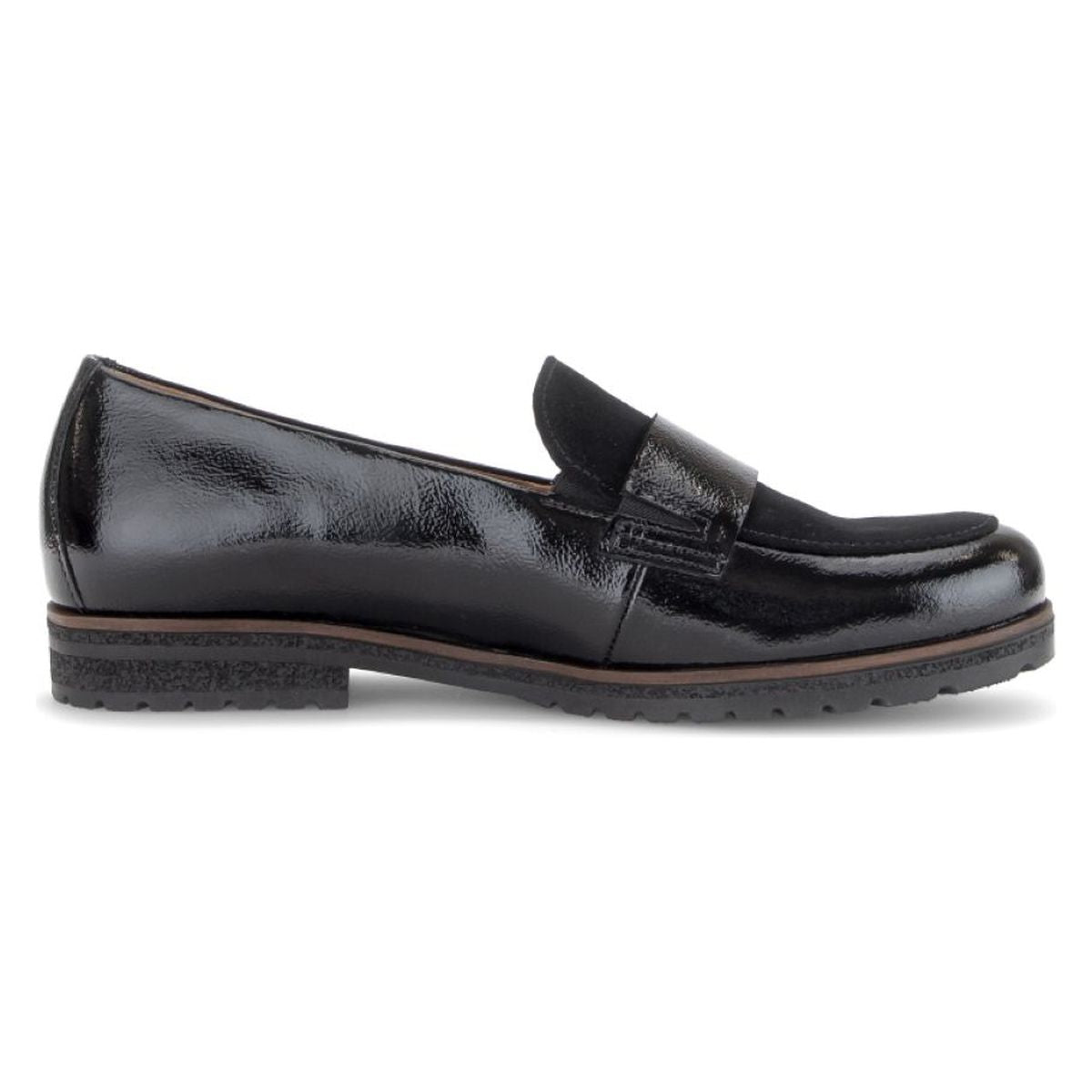 Black patent leather loafer featuring a black suede upper panel, penny strap, and low lugged sole. Style #042.37 G