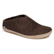 Brown felted wool slip-on slipper shoe with natural tan leather sole and low heel back. Style #SLIPON