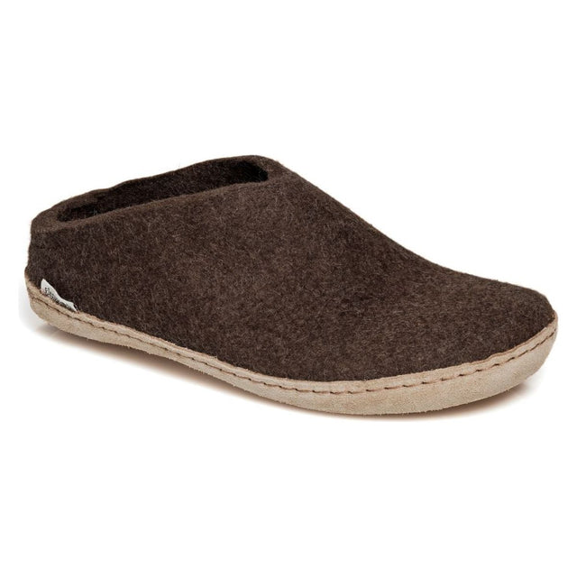 Brown felted wool slip-on slipper shoe with natural tan leather sole and low heel back. Style #SLIPON