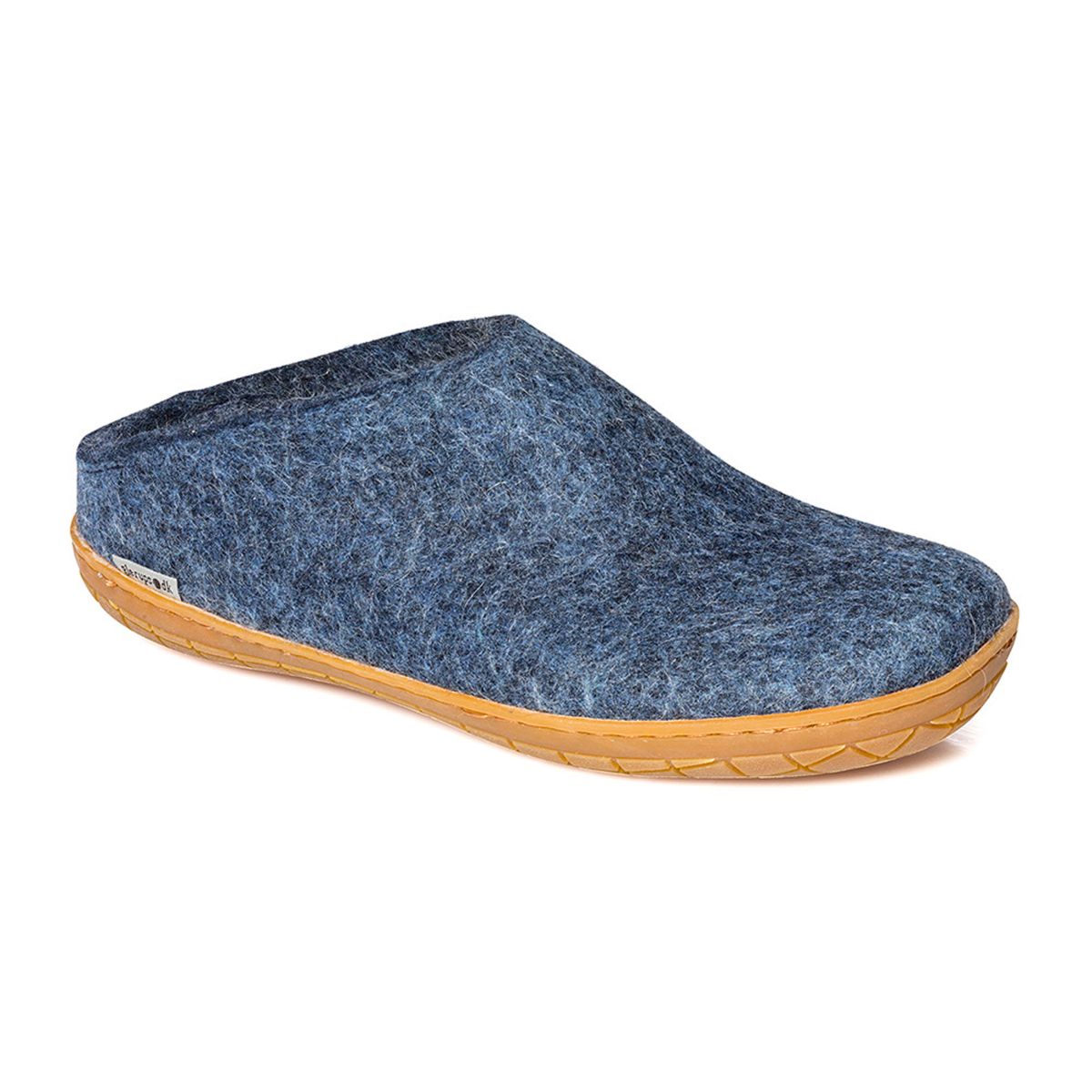 Glerups denim blue felted wool slip-on slipper with honey rubber sole and low heel cap. Style #SLIPON
