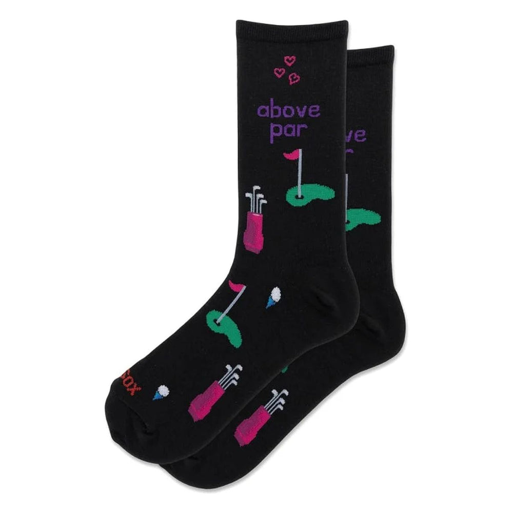 Hotsox black women's crew socks featuring pink golf bags, green putting greens, and "above par" text. Style #HOH00317