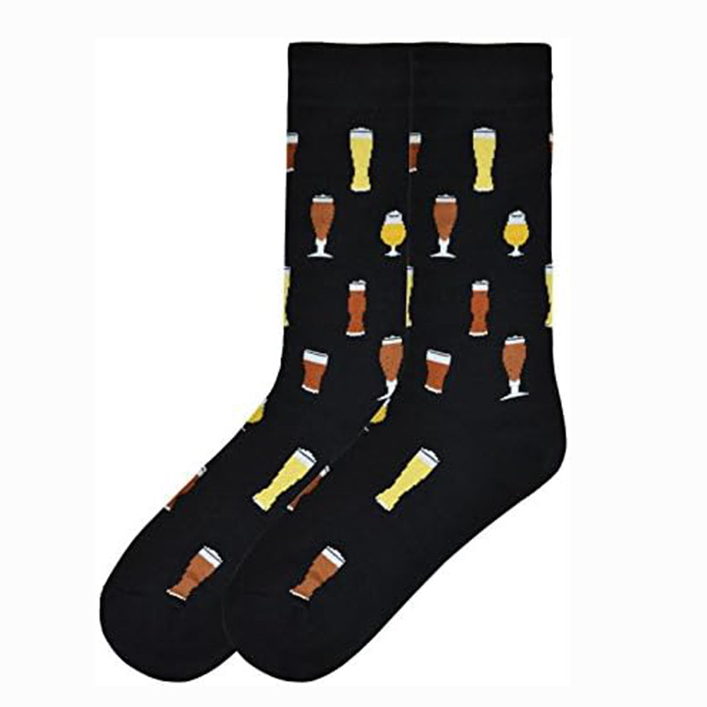 Pair of black Hot Sox men's crew socks with a repeating pattern of various beer glasses, HM100748.