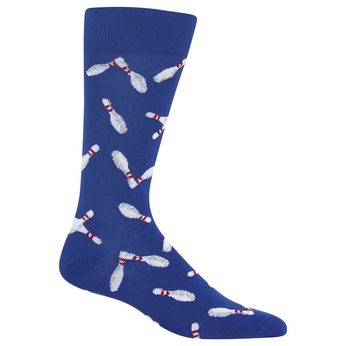 Single blue Hot Sox men's crew sock with a repeating pattern of white and red bowling pins, ZHM200076.