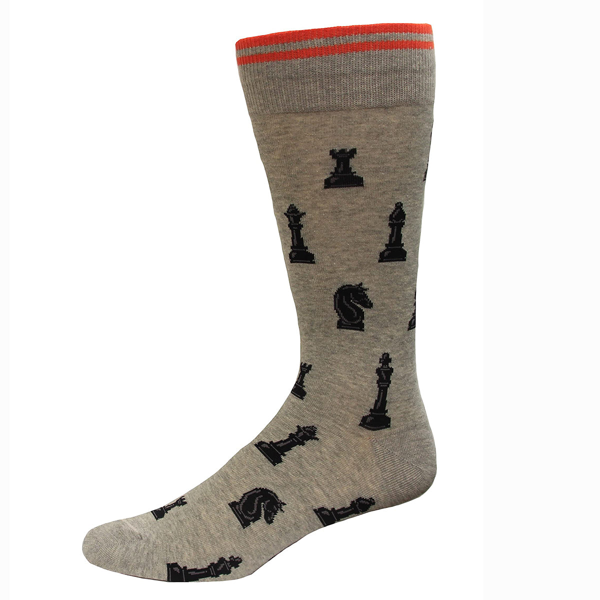 Single grey Hot Sox men's crew sock with a black chess piece pattern and orange top stripe, HSM10207.