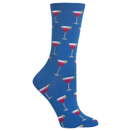 Single blue Hot Sox women's crew sock with a repeating pattern of pink martini glasses, HO002741-C.