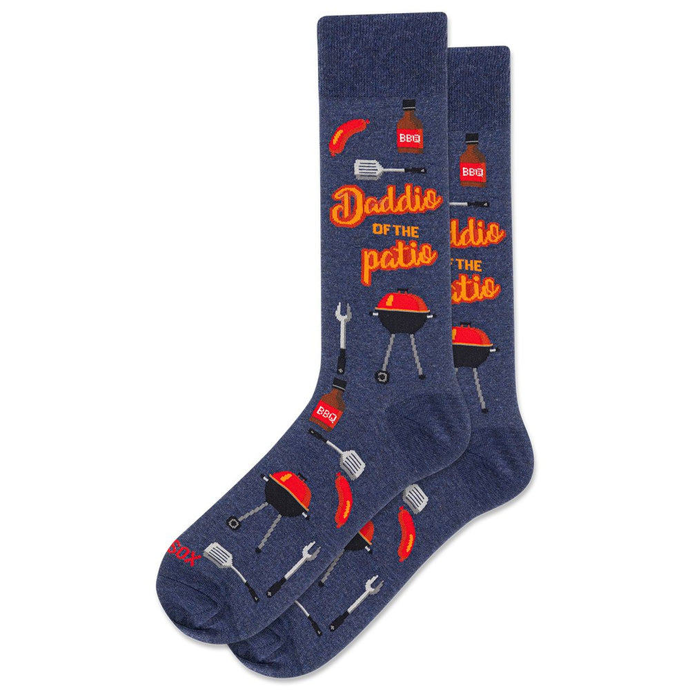 Navy blue crew socks with a BBQ theme featuring grills, spatulas, hot dogs, and "Daddio of the Patio" text. Style #HMH00211