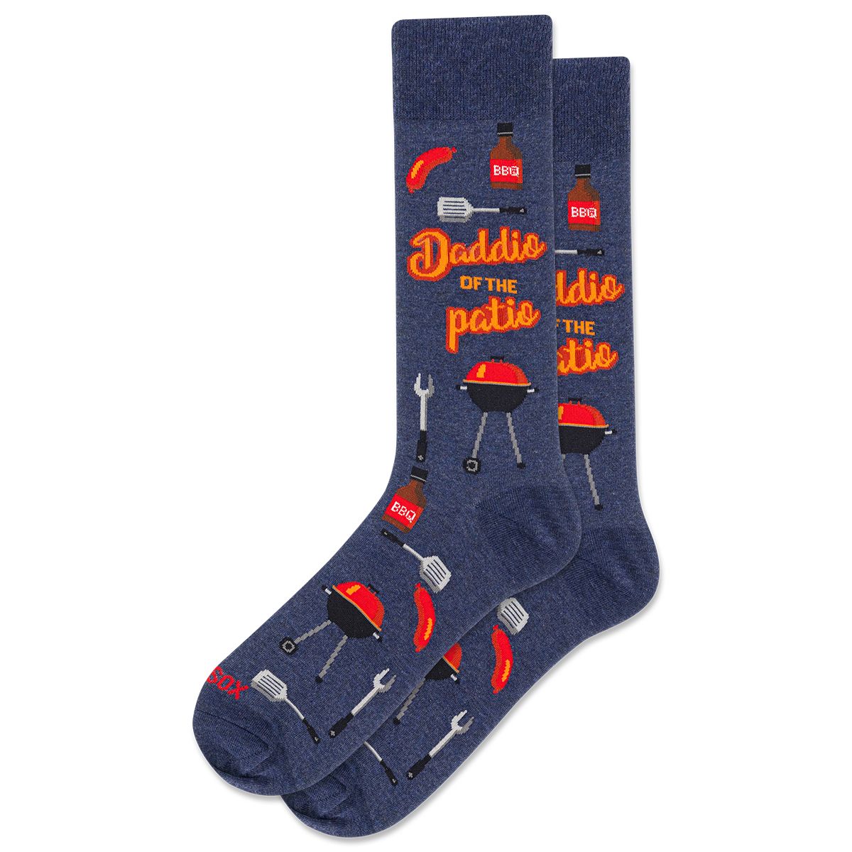 Navy blue crew socks with a BBQ theme featuring grills, spatulas, hot dogs, and "Daddio of the Patio" text. Style #HMH00211