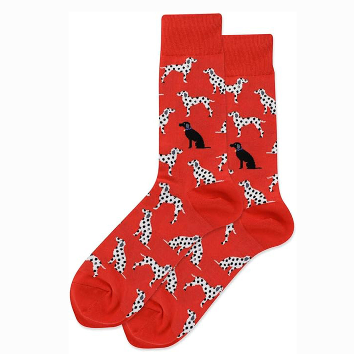Red Hot Sox brand socks with a pattern of white and black spotted Dalmatians and two black Dalmatians with purple collars. HSM10051.