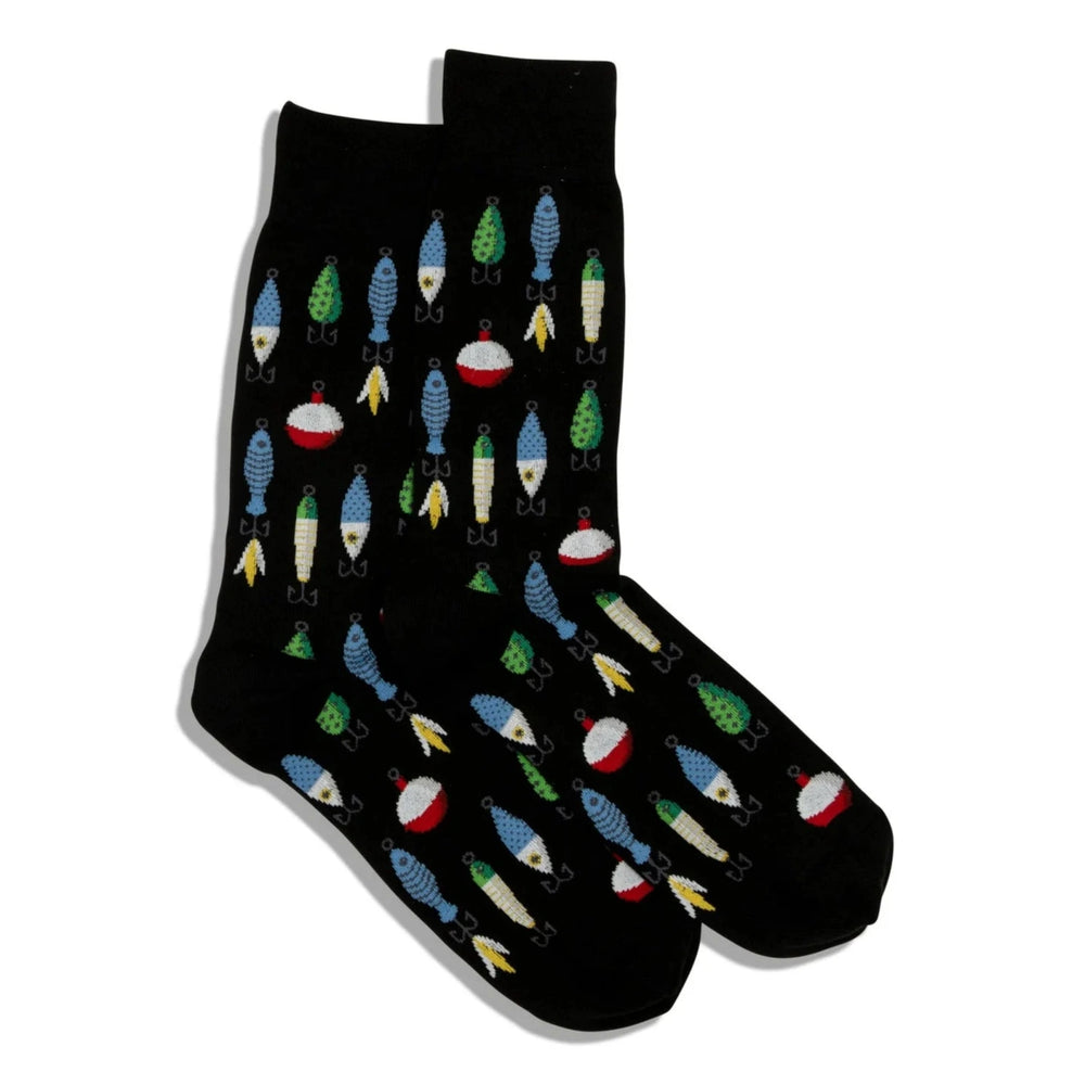 Men’s crew socks in dark navy featuring colorful fishing lures throughout, designed to fit US shoe sizes 6–12.5 with a soft, stretch cotton blend. Style #HM100678-C