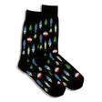 Men’s crew socks in dark navy featuring colorful fishing lures throughout, designed to fit US shoe sizes 6–12.5 with a soft, stretch cotton blend. Style #HM100678-C