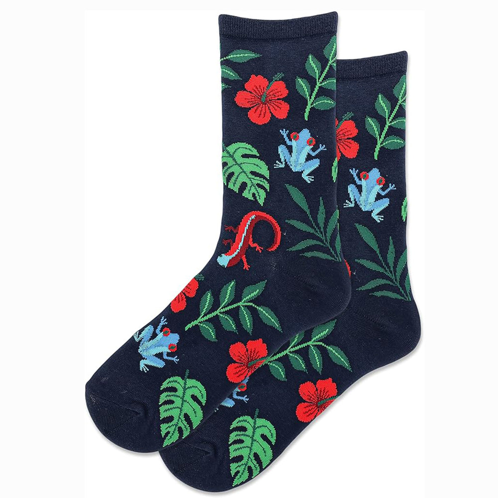 Dark blue Hot Sox brand socks with a pattern of red hibiscus flowers, green leaves, blue frogs, and red salamanders. HSM10316.