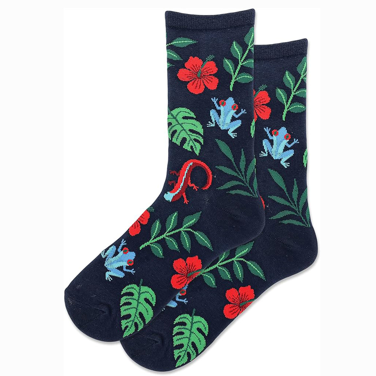 Dark blue Hot Sox brand socks with a pattern of red hibiscus flowers, green leaves, blue frogs, and red salamanders. HSM10316.