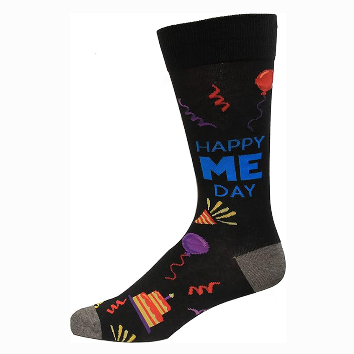 Black Hot Sox brand sock with "HAPPY ME DAY" in blue, surrounded by party hats, balloons, cake, and confetti. HSW10207.