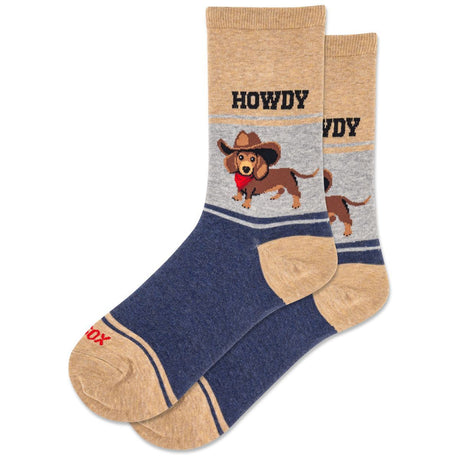 Women’s crew socks in tan, grey, and navy featuring a dachshund wearing a cowboy hat and a red bandana. Style #HSW10522