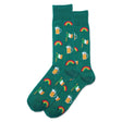 Green Hot Sox brand socks with a pattern of rainbows, foamy beer mugs, and Irish flags. HMH00088.