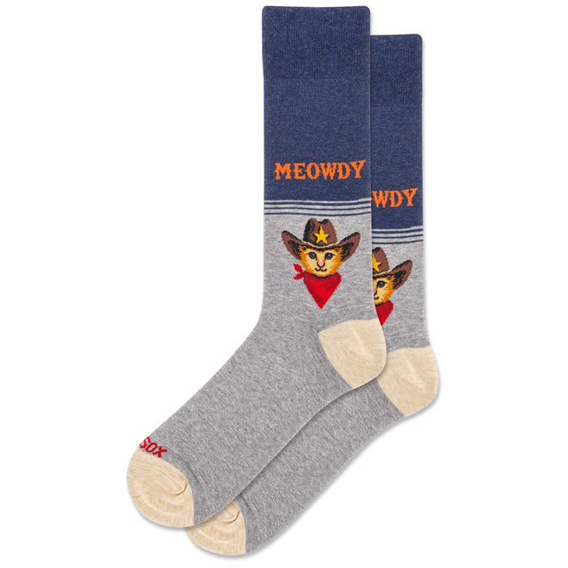 Men’s crew socks in denim blue and grey featuring a cat wearing a cowboy hat and a red bandana. Style #HSM10434