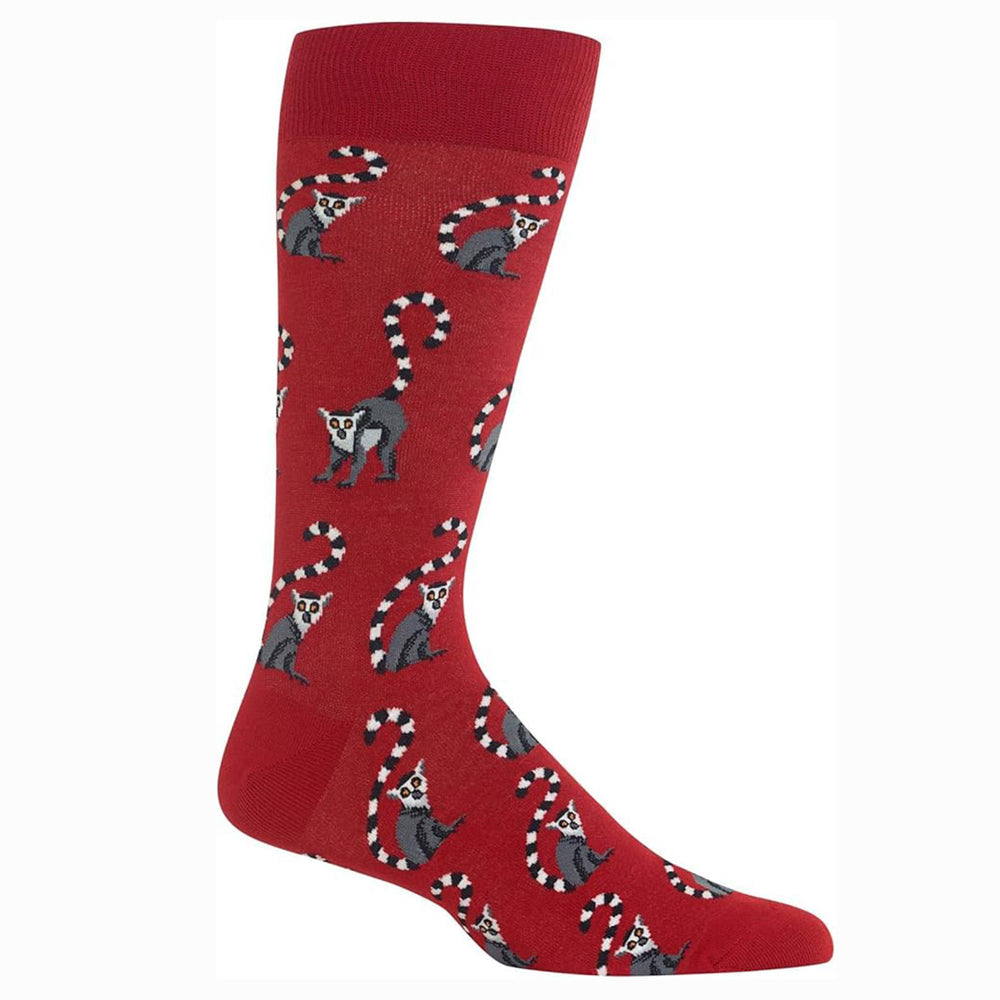 Red Hot Sox brand sock with a pattern of grey and white ring-tailed lemurs. HSM10006.