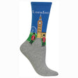Blue and grey Hot Sox brand sock with "London" written on it, depicting Big Ben, the London Eye, and two royal guards. HO100104.