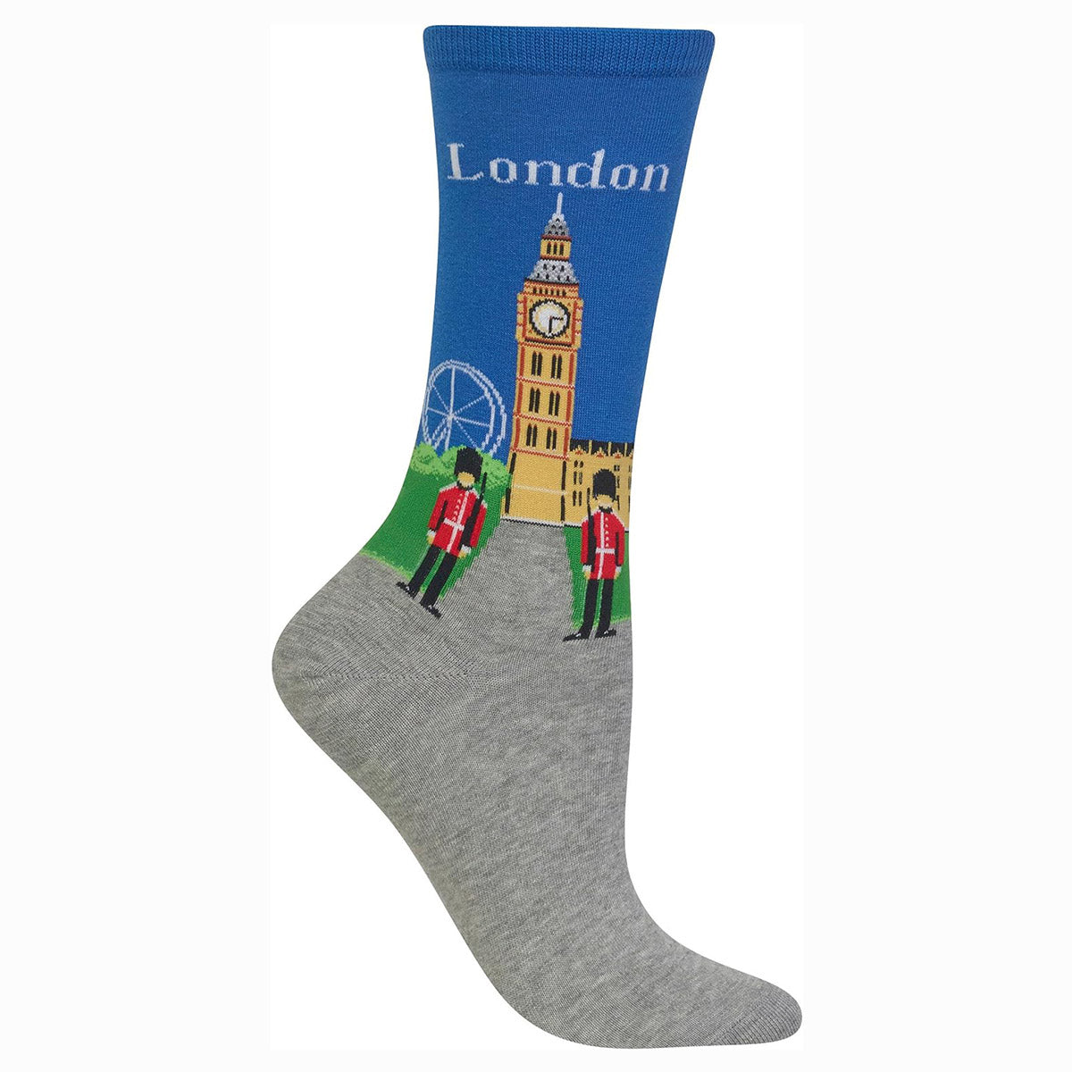 Blue and grey Hot Sox brand sock with "London" written on it, depicting Big Ben, the London Eye, and two royal guards. HO100104.