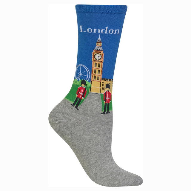Blue and grey Hot Sox brand sock with "London" written on it, depicting Big Ben, the London Eye, and two royal guards. HO100104.