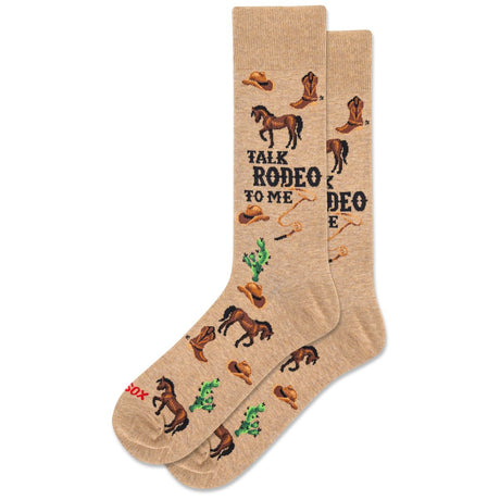 Men's tan crew socks with horses, boots, cacti, and hats featuring "Talk Rodeo To Me" text. Style #HSM10435