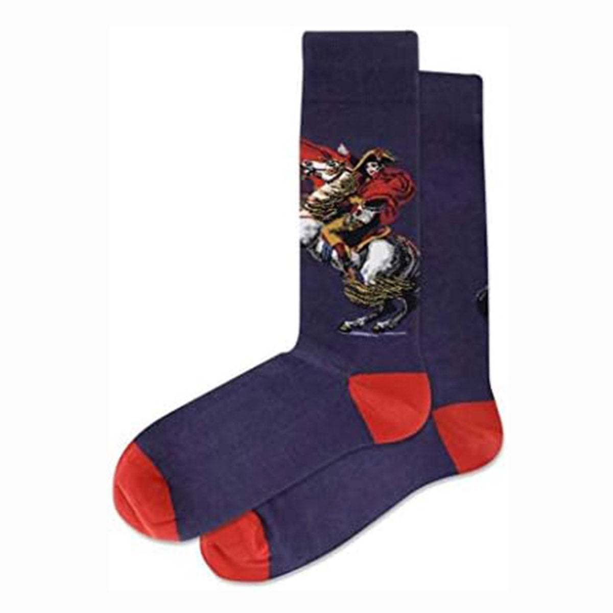 Dark blue Hot Sox brand socks with red accents, featuring a depiction of Napoleon Bonaparte on horseback. HSM40018.