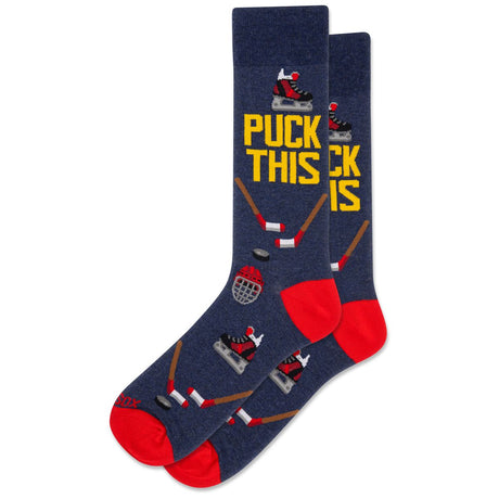 Men’s navy crew socks with red heels and toes featuring hockey sticks, skates, and "PUCK THIS" in yellow. Style #HSM70107