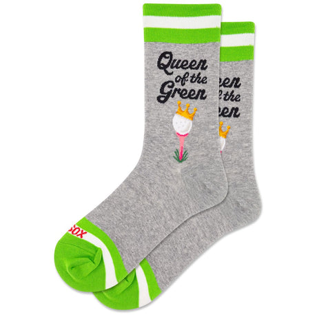 Women’s grey crew socks with green and white stripes, featuring a crowned golf ball on a pink tee. Style #HSW70094