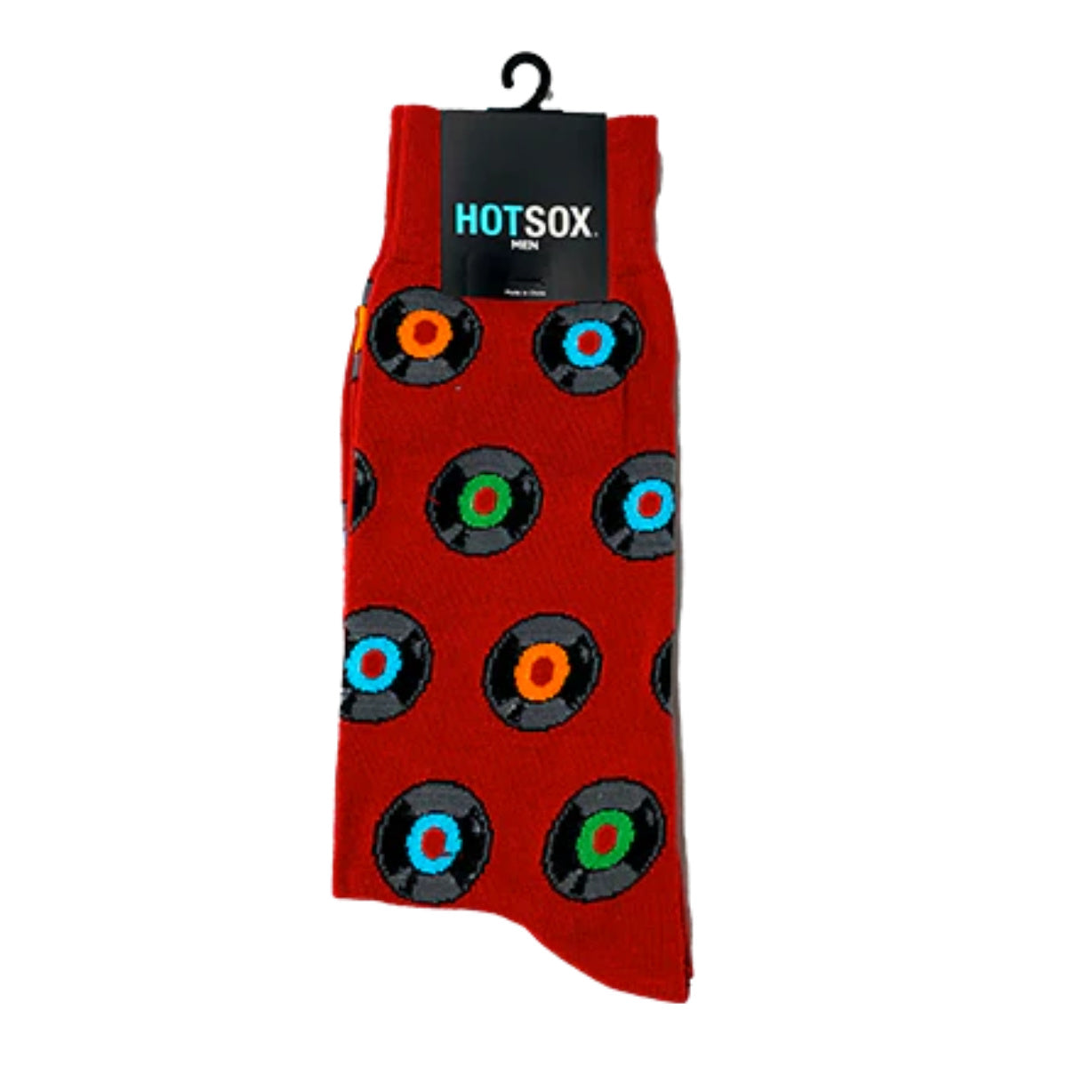 Red Hot Sox men's crew socks with a repeating pattern of colorful vinyl records, ZHM100178.