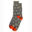 Grey Hot Sox brand socks with orange accents, featuring a repeating pattern of black and white soccer balls. ZHM11023.