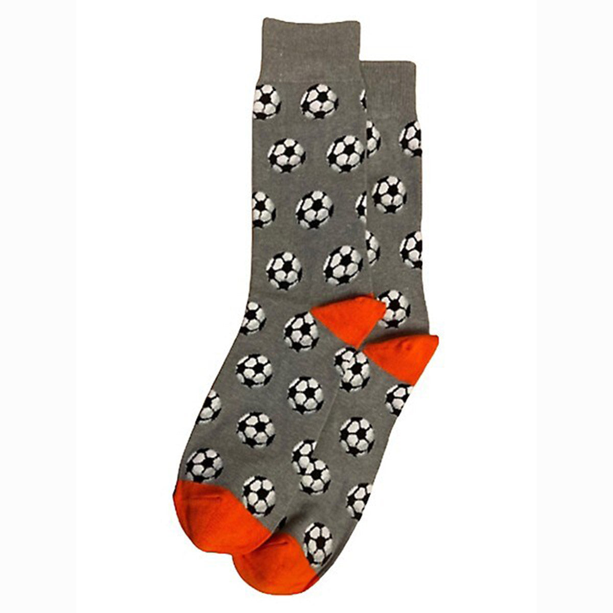 Grey Hot Sox brand socks with orange accents, featuring a repeating pattern of black and white soccer balls. ZHM11023.