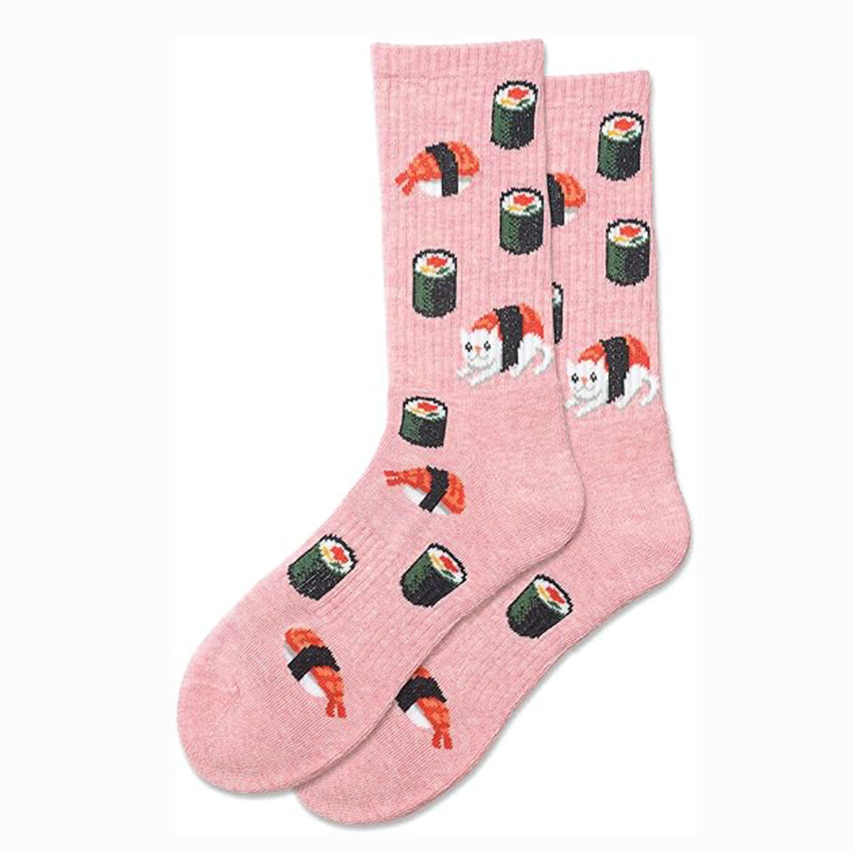 Pink Hot Sox brand socks with a pattern of sushi rolls, shrimp nigiri, and cats designed to look like sushi. HSW70001-C.