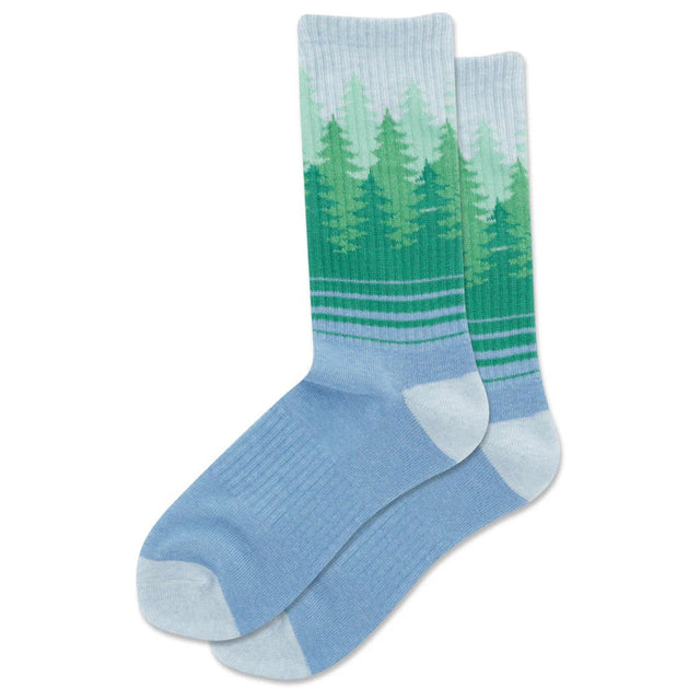 Women’s crew socks with a green tree line pattern, fitting US shoe sizes 4–10.5, made from soft cotton blend with stretch and durability. Style #HSW70032