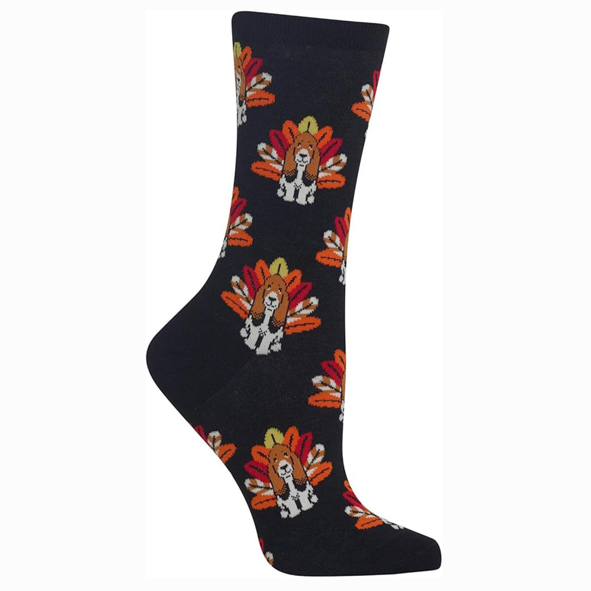 Black Hot Sox brand sock with a pattern of white dogs resembling basset hounds, each with an orange and brown turkey fan tail. HO002518.