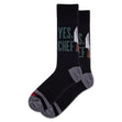 A pair of black crew socks featuring the text "YES, CHEF" and a chef's knife graphic. Style #HSW10516