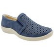 Navy blue perforated slip-on shoe with elastic side gores and a cream contoured rubber sole. Style #S1112.