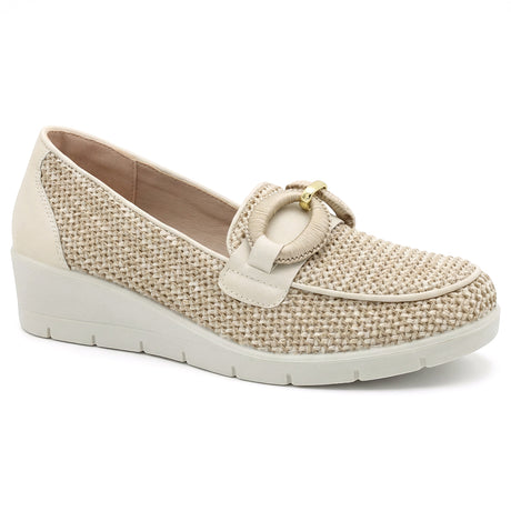 Women's beige woven slip-on wedge shoe with a cream heel counter, a decorative ring ornament, and a white sole. Style #S8482