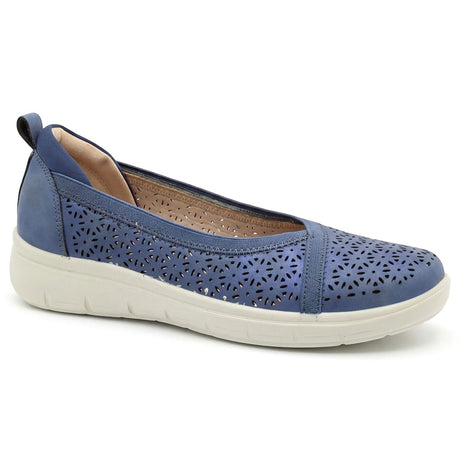 Women's blue slip-on shoe with laser-cut floral patterns, a padded collar, and a thick off-white wedge sole. Style #S8486