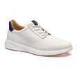 Mens white knit lace-up sneaker with navy blue heel tab, tan lining, and a thick white rubber sole. Style #02503135