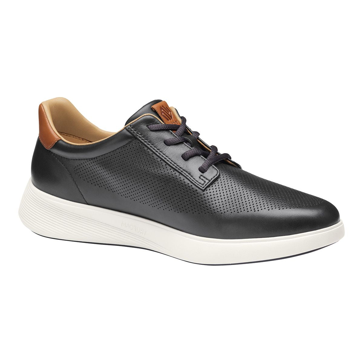 Mens black perforated leather sneaker with a brown leather heel tab and a thick white rubber sole. Style #02503093