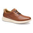 Mens tan perforated leather sneaker with dark brown laces, tan lining, and a thick off-white rubber sole. Style #02503103