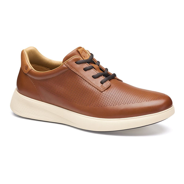 Mens tan perforated leather sneaker with dark brown laces, tan lining, and a thick off-white rubber sole. Style #02503103